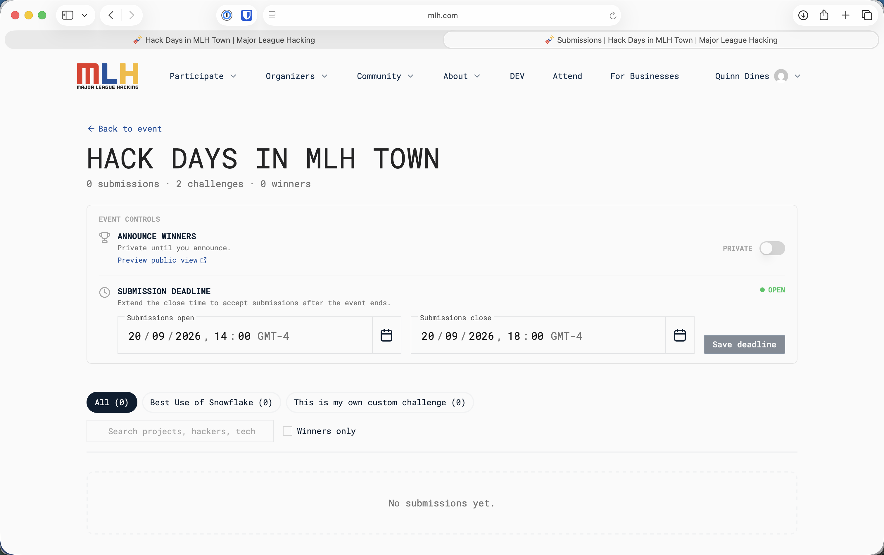 Manage Submissions page with controls for submission open and close times