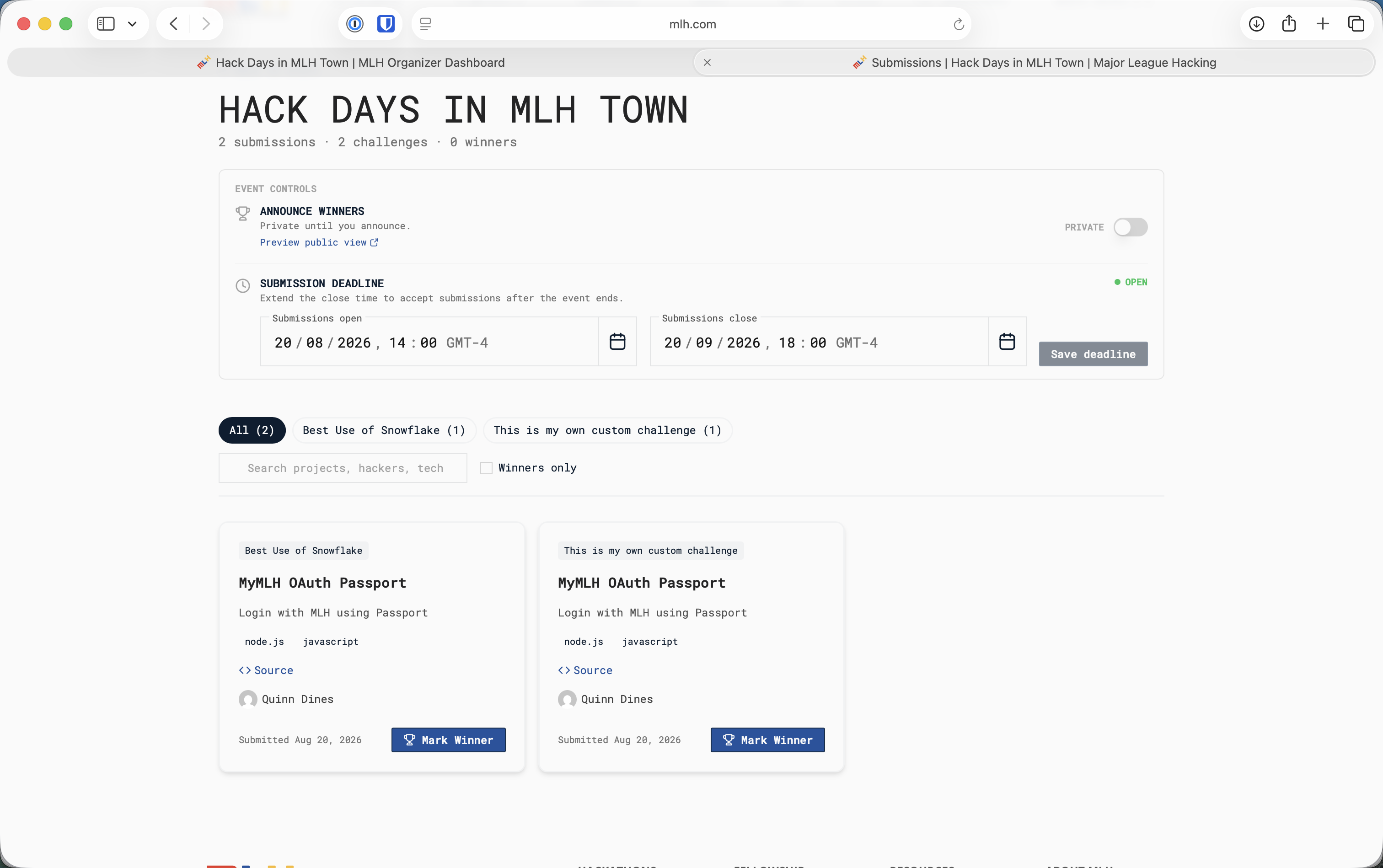Manage Submissions page with project cards, challenge filters, search, and Mark Winner buttons