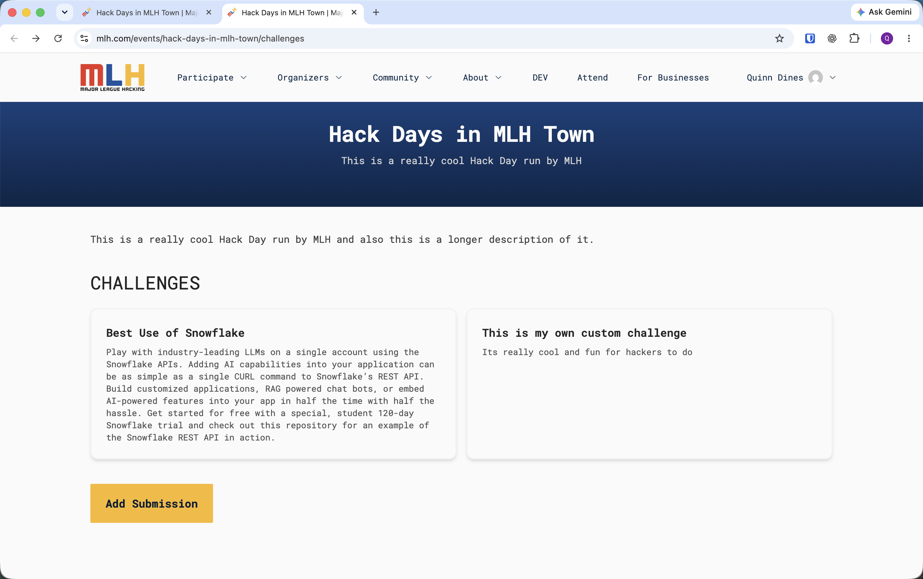Example Hack Day Challenges page with an active Add Submission button