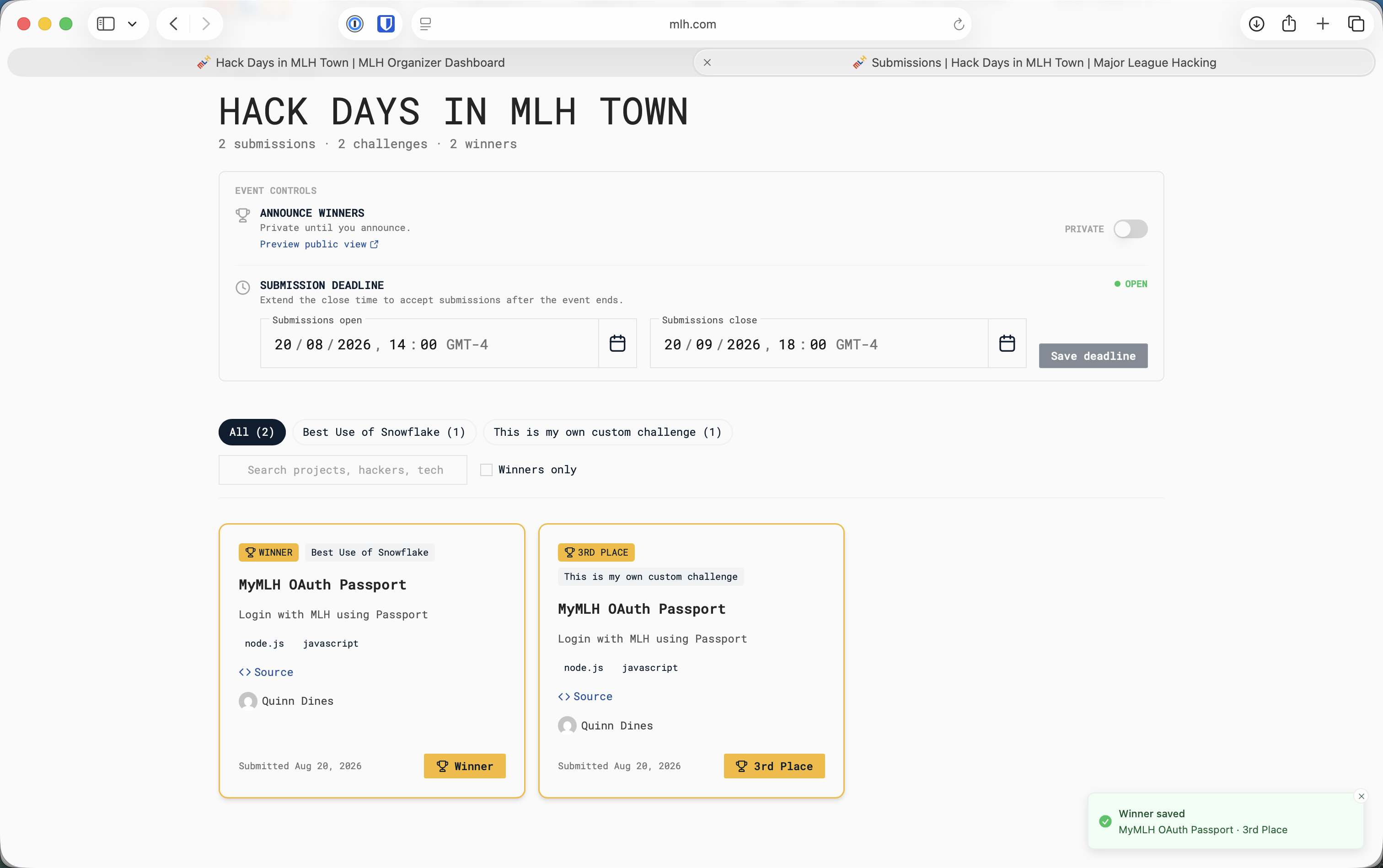 Manage Submissions page showing saved winner tags and a Winner saved confirmation