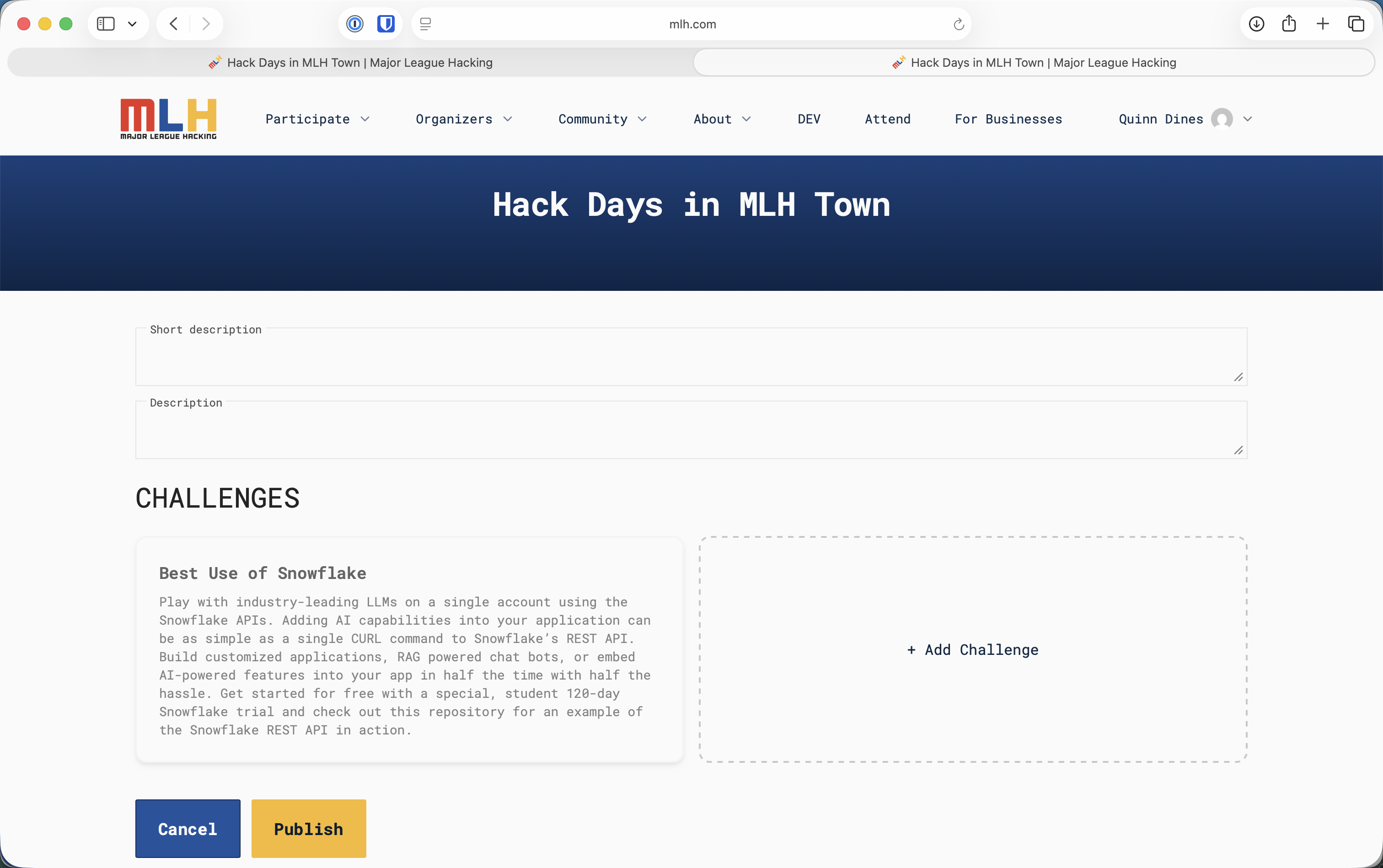 Event editing page showing an assigned MLH challenge and the Add Challenge control