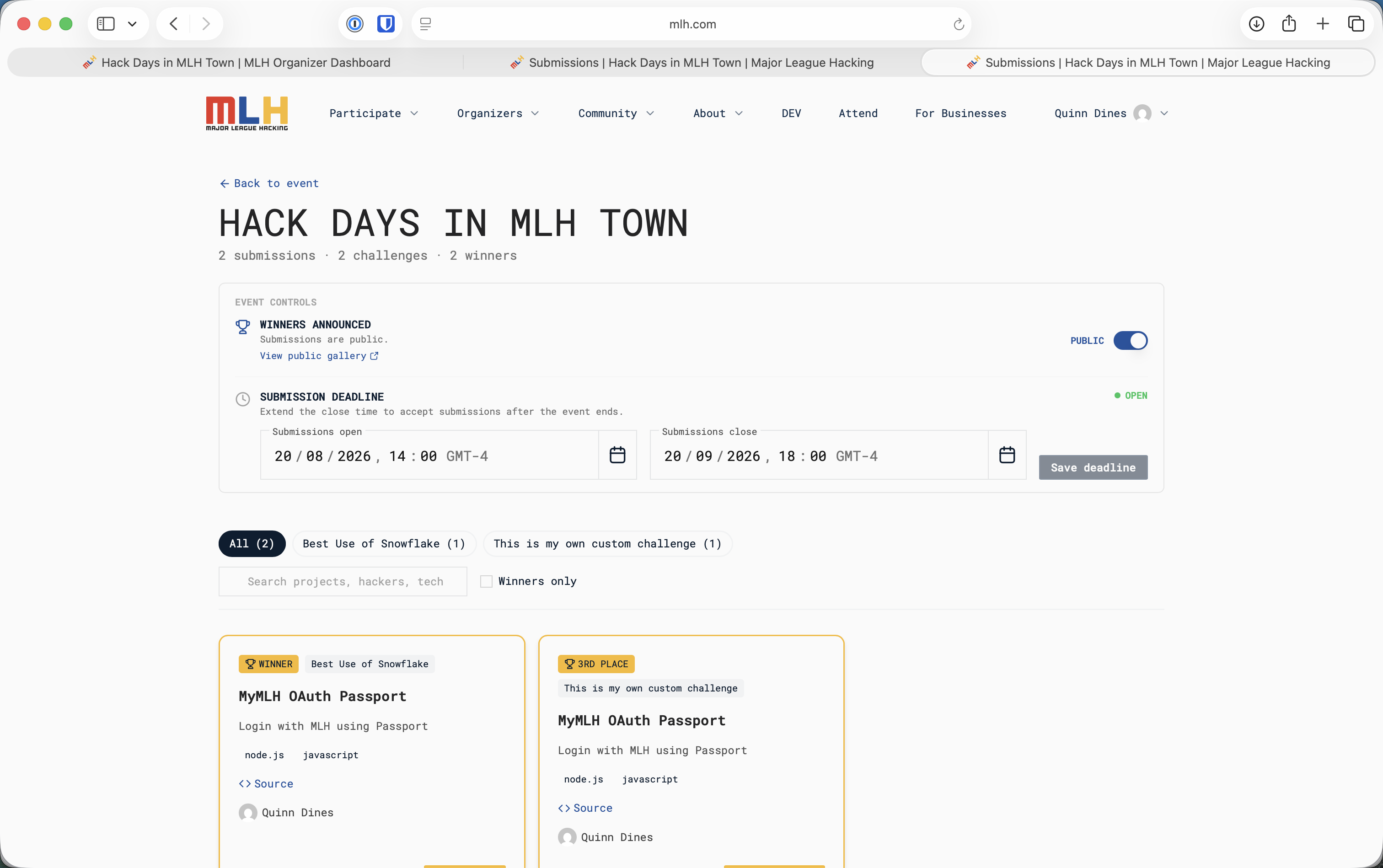 Manage Submissions page with Announce Winners set to Public and a View public gallery link